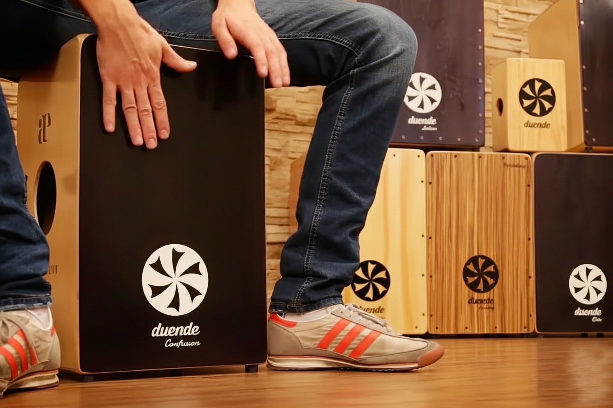 Hombre tocando el cajón flamenco Duende Percusión, modelo Confusión.