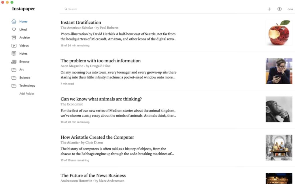 Vista previa de Instapaper en su versión de escritorio.